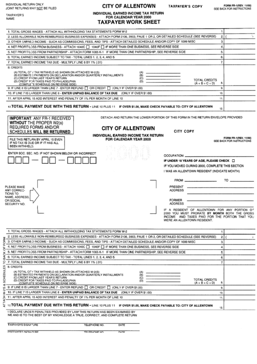 Form Fr-1 - Taxpayer Work Sheet - Individual Earned Income Tax Return - 2000 Printable pdf