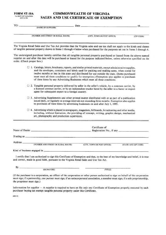 Form St-10a - Sales And Use Certificate Of Exemption Printable pdf