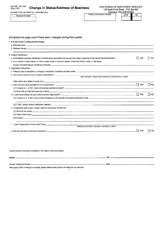Form Uco-2et - Change In Status/address Of Business Printable pdf