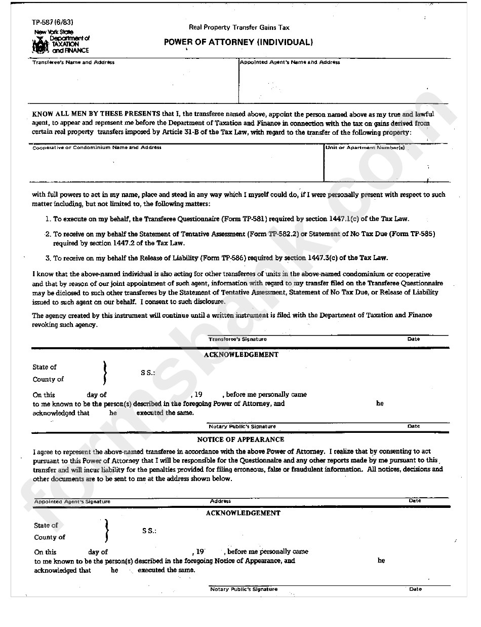 Form Tp-587 - Power Of Attorney (Individual)