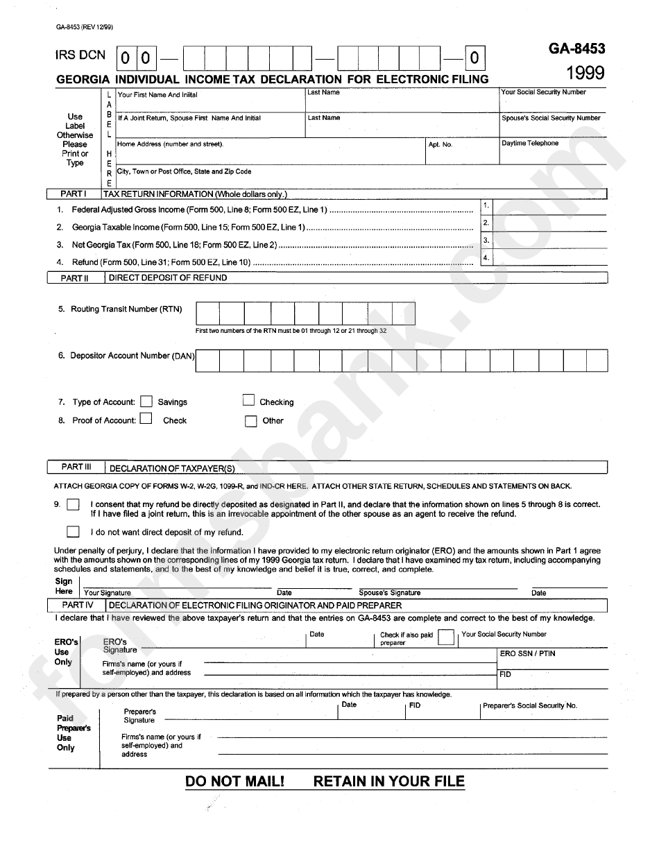 Form Ga 8453 Georgia Individual Income Tax Declaration For Electronic