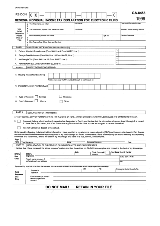 Form Ga-8453 - Georgia Individual Income Tax Declaration For Electronic ...