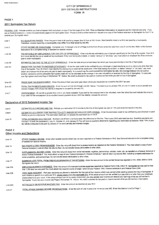 Form Ir -Detailed Instructions For Springdale Tax Return - 2011 Printable pdf