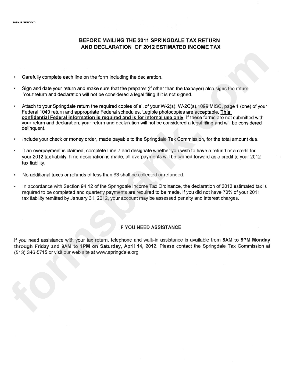 Form Ir -Detailed Instructions For Springdale Tax Return - 2011