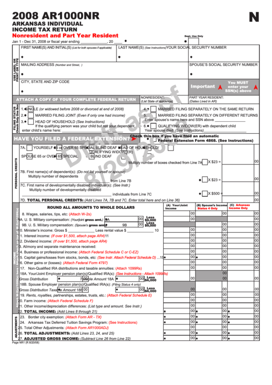 Form Ar1000nr Arkansas Individual Tax Return (Draft) 2008
