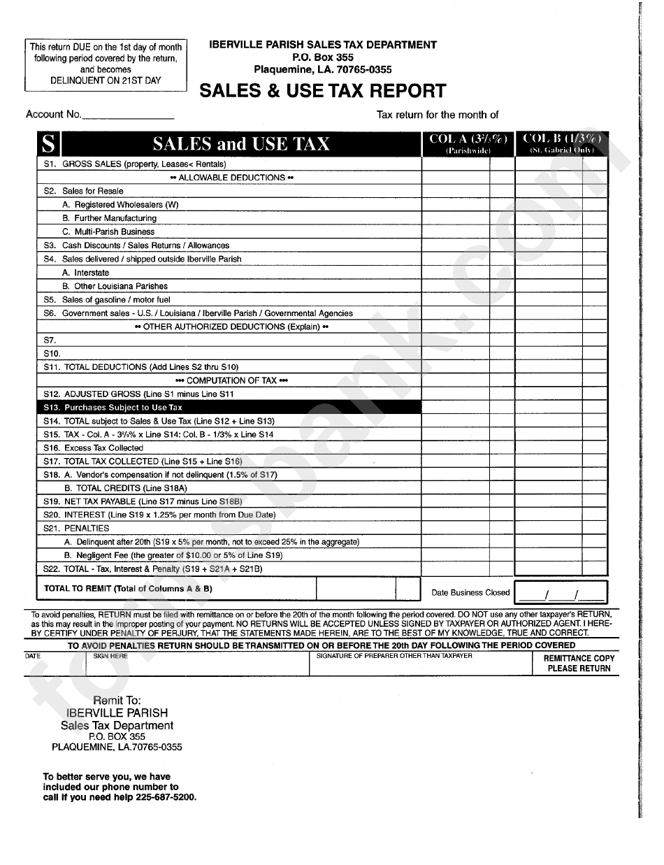 Sales & Use Tax Report - Iberville Parish