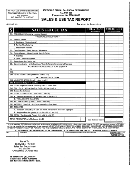 Sales & Use Tax Report - Iberville Parish Printable pdf