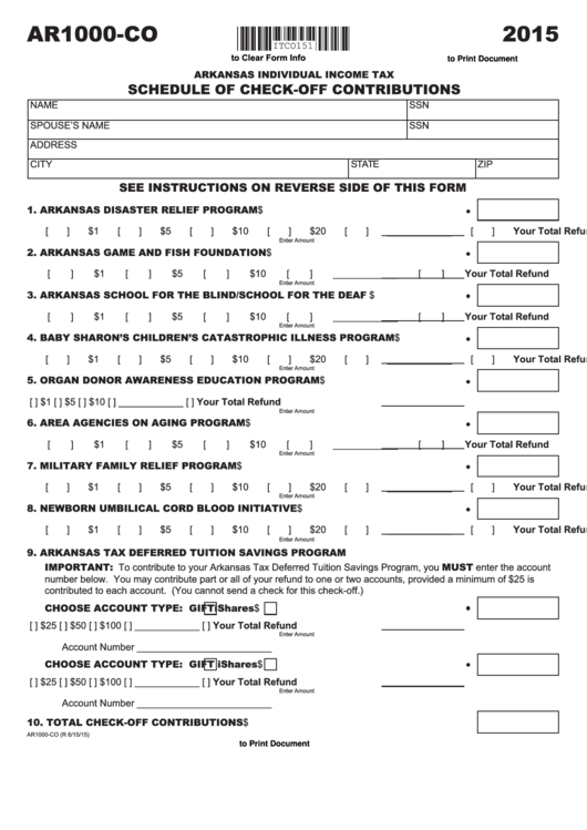 Fillable Form Ar1000-Co - Schedule Of Check-Off Contributions - 2015 Printable pdf
