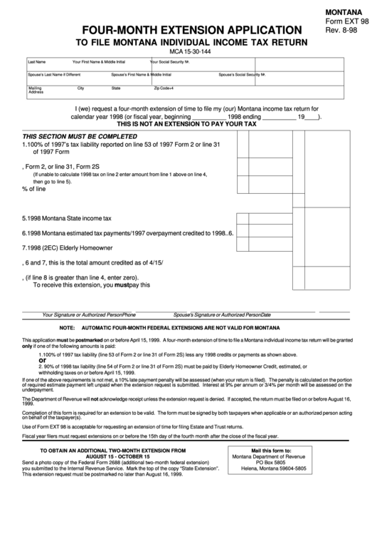 Fillable Form Ext 98 - Four-Month Extension Application To File Montana Individual Income Tax Return Printable pdf