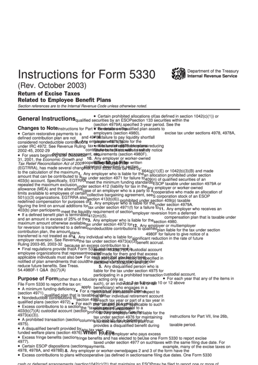Instructions For Form 5330 - Return Of Excise Taxes Related To Employee Benefit Plans Printable pdf