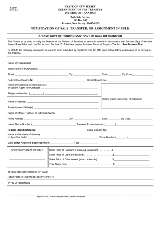 Form C-9600 - Notification Of Sale, Transfer, Or Assignment In Bulk 1999 Printable pdf