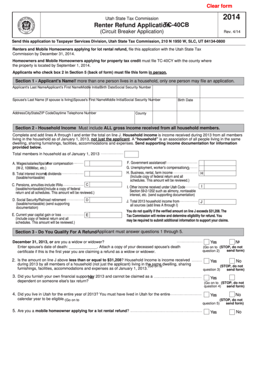 Fillable Form Tc-40cb - Renter Refund Application - 2014 Printable pdf