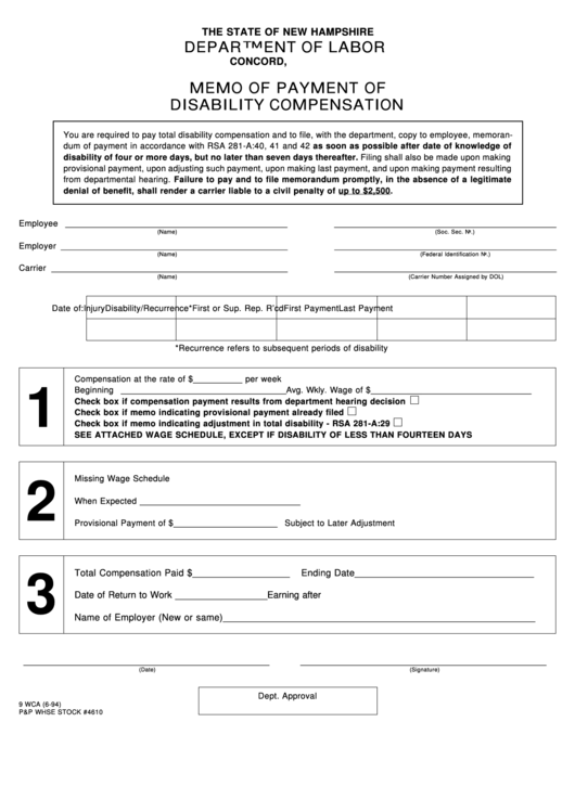 Form 9 Wca - Memo Of Payment Of Disability Compensation - The State Of New Hampshire 1994 Printable pdf