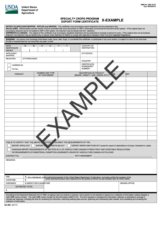 Form Sc-205 - Specialty Crops Program Export Form Certificate - U.s. Department Of Agriculture