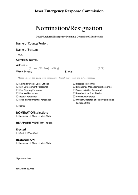 Fillable Nomination/resignation Form - Iowa Emergency Response Commission Printable pdf