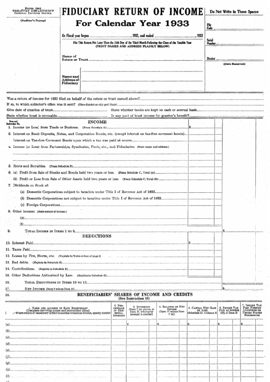 Form 1041 - Fiduciary Return Of Income For Calendar Year 1933 - U.s. Department Of Treasury Printable pdf