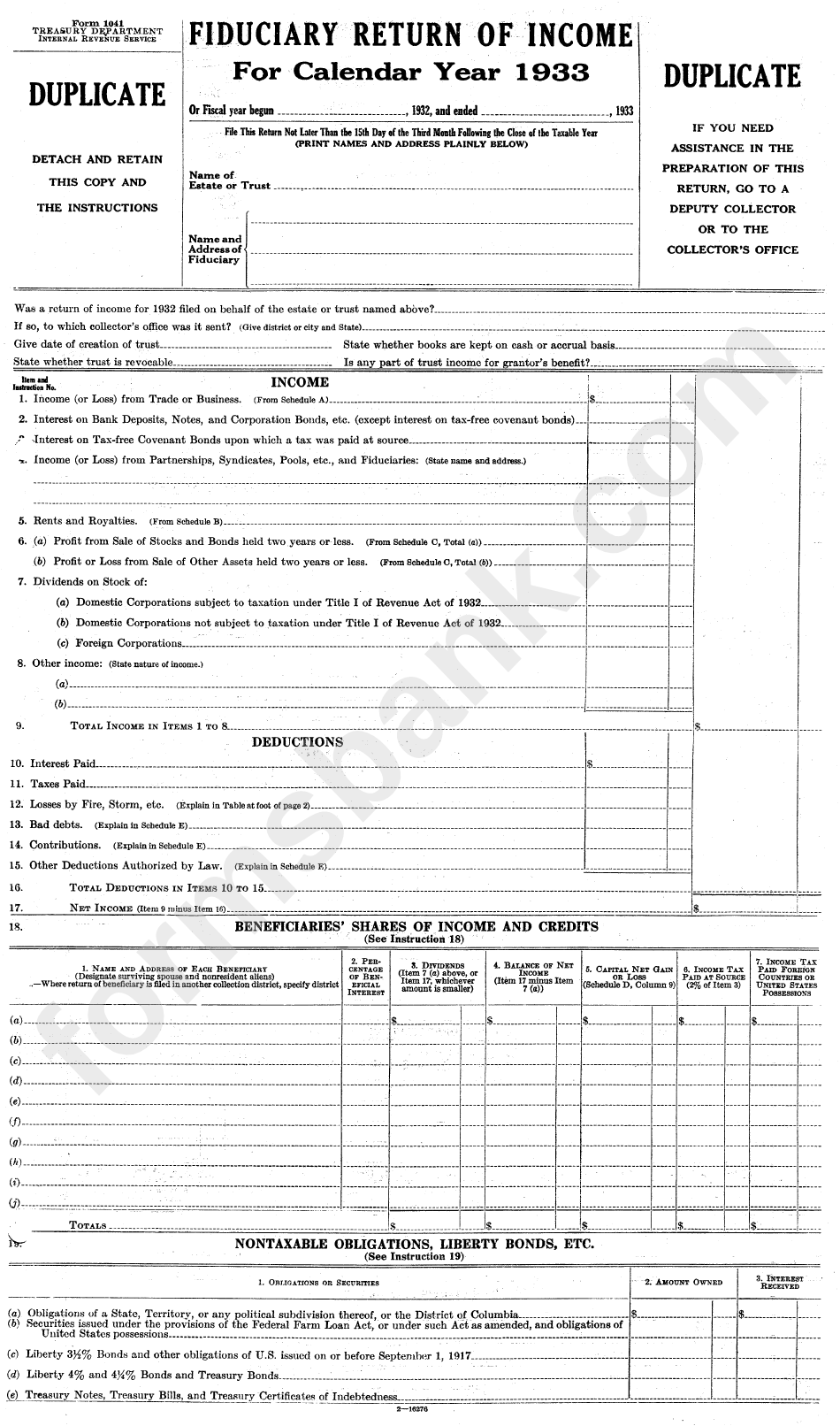 Form 1041 - Fiduciary Return Of Income For Calendar Year 1933 - U.s. Department Of Treasury