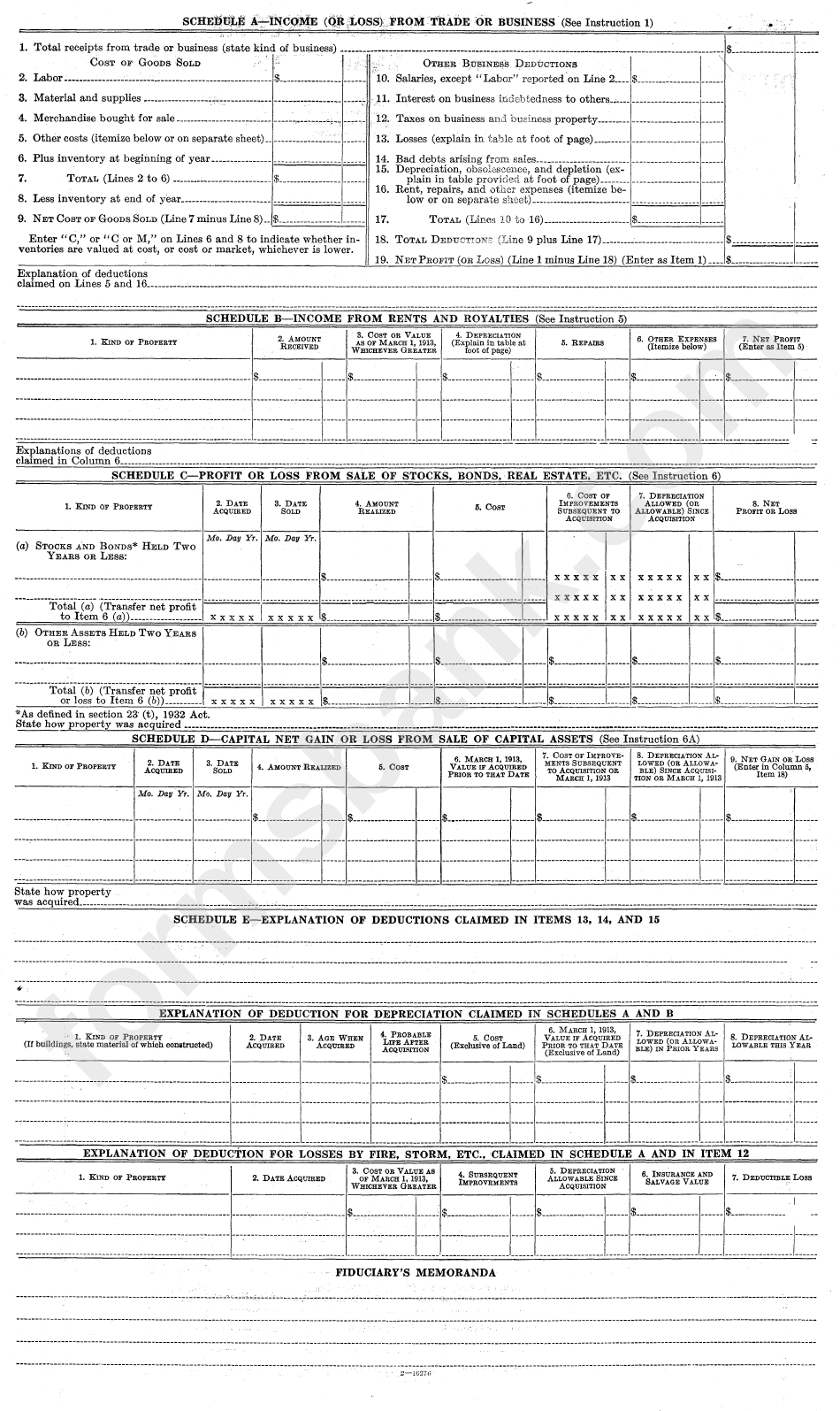 Form 1041 - Fiduciary Return Of Income For Calendar Year 1933 - U.s. Department Of Treasury
