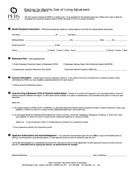 Fillable Form 20 - Election For Monthly Cost-Of-Living Adjustment - Public Employees