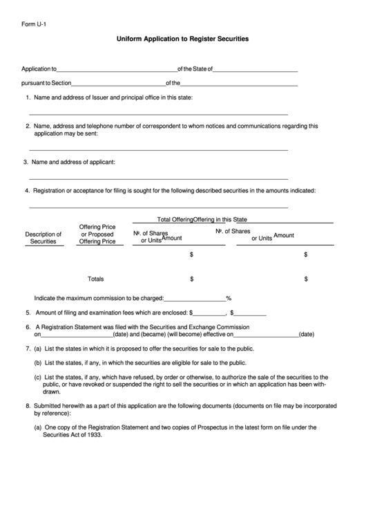 Fillable Form U-1 - Uniform Application To Register Securities - Washington State Department Of Financial Institutions Printable pdf