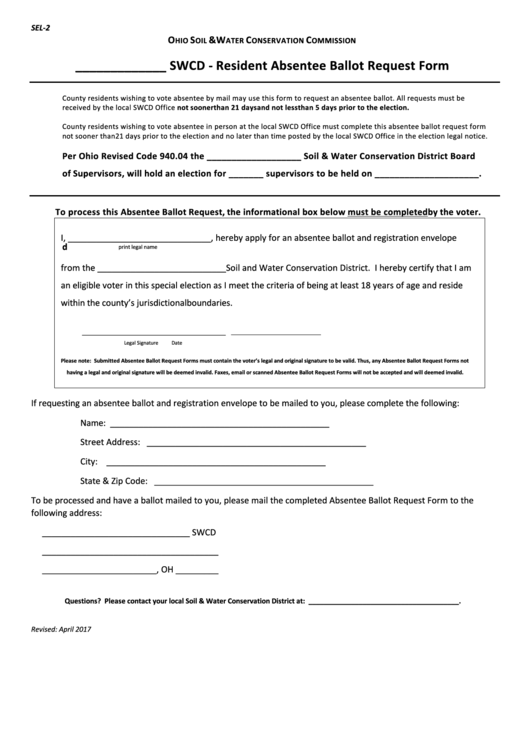 Fillable Form Sel-2 - Swcd-Resident Absentee Ballot Request Form - Ohio Soil And Water Conservation Commission Printable pdf