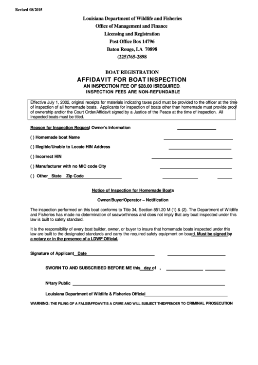 Affidavit For Boat Inspection - Louisiana Department Of Wildlife And Fisheries Printable pdf