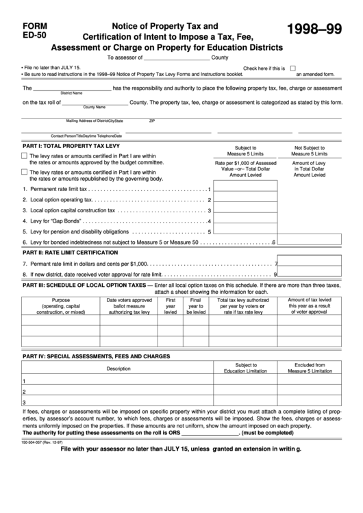 Fillable Form Ed-50 - Notice Of Property Tax And Certification Of Intent To Impose A Tax, Fee, Assessment Or Charge On Property For Education Districts - 1998-99 Printable pdf