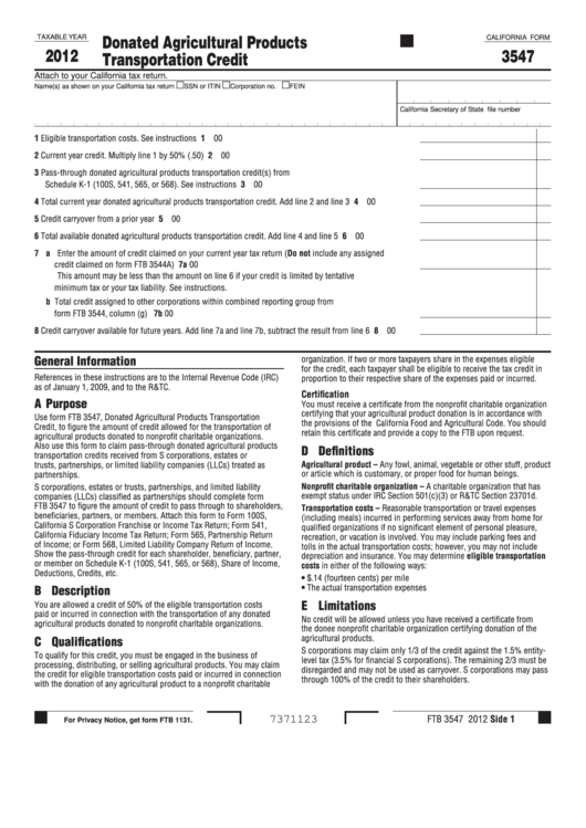 Fillable Form Ftb 3547 - Donated Agricultural Products Transportation Credit - 2012 Printable pdf