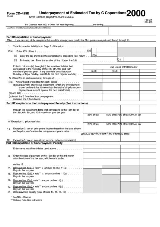 Form Cd-429b - Underpaiment Of Estimated Tax By C Coporations - 2000 Printable pdf