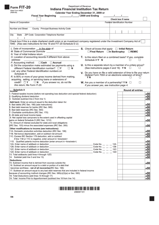 Form Fit-20 - Indiana Financial Institution Tax Return - 2009 Printable pdf