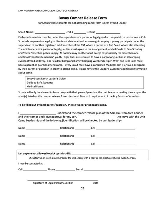 Fillable Bovay Camper Release Form - Boy Scouts Of America - Texas Printable pdf