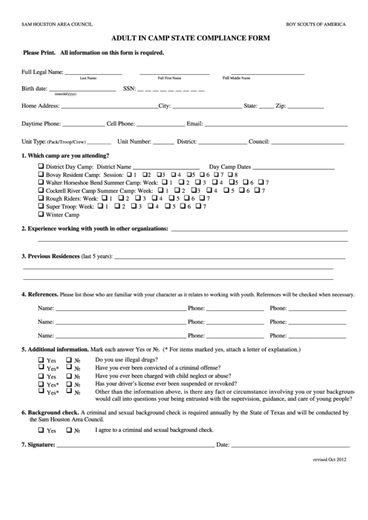 Fillable Adult In Camp Compliance Form - Boy Scouts Of America - Texas Printable pdf