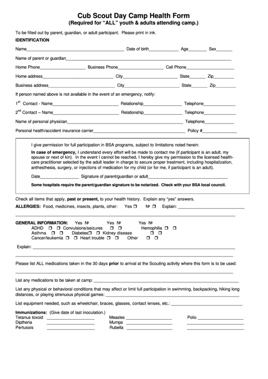 Cub Scout Day Camp Health Form - Boy Scouts Of America Printable pdf