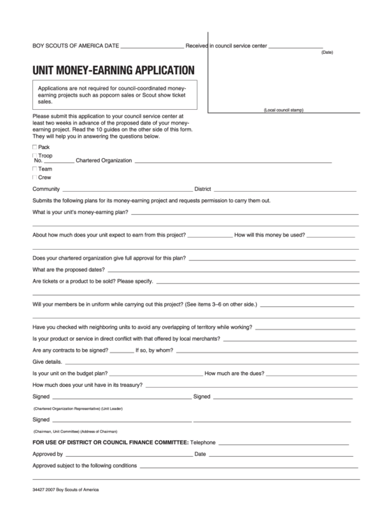 Unit Money-Earning Application - Boy Scouts Of America Printable pdf