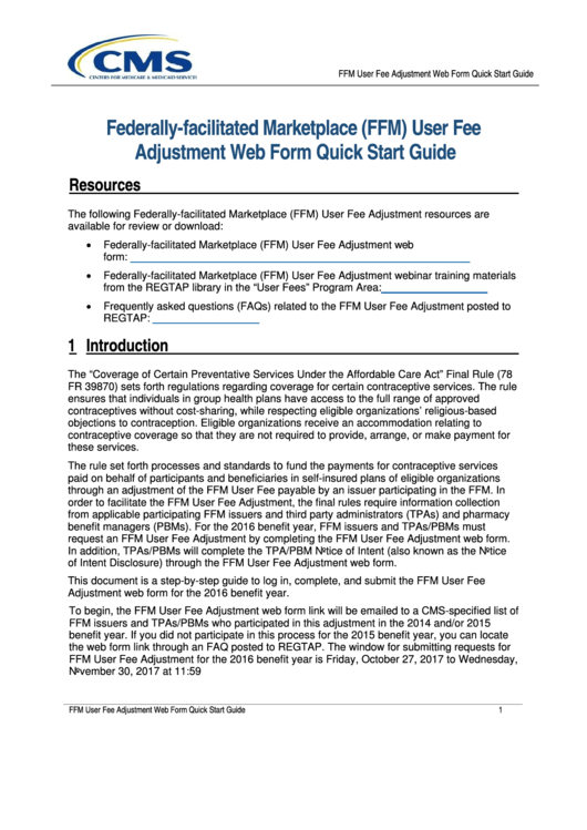 Federally-Facilitated Marketplace (Ffm) User Fee Adjustment Web Form Quick Startguide - Centers For Medicare And Medicaid Services Printable pdf