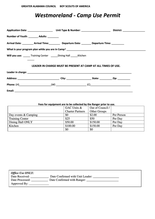Westmoreland - Camp Use Permit - Boy Scouts Of America Printable pdf