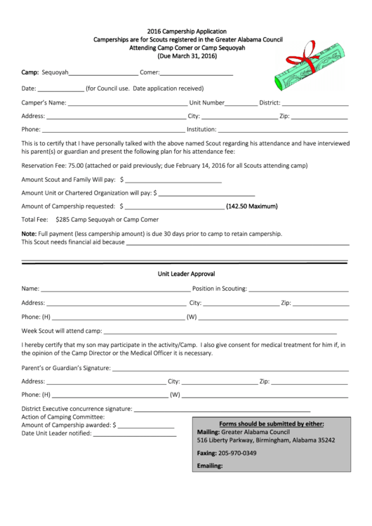 Camp Sequiyah - Campership Application - Boy Scouts Of America - 2016 Printable pdf
