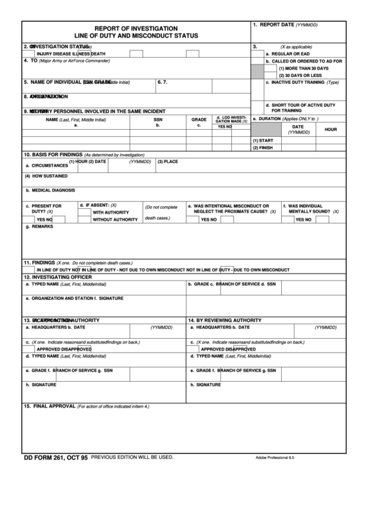 Fillable Dd Form 261 - Report Of Investigation - Line Of Duty And Misconduct Status Printable pdf