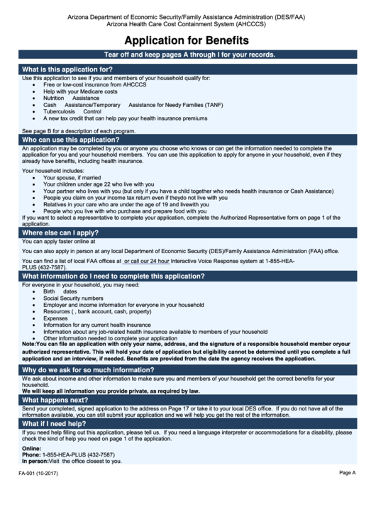 Form Fa-001 - Application For Benefits - Arizona Department Of Economic Security Printable pdf
