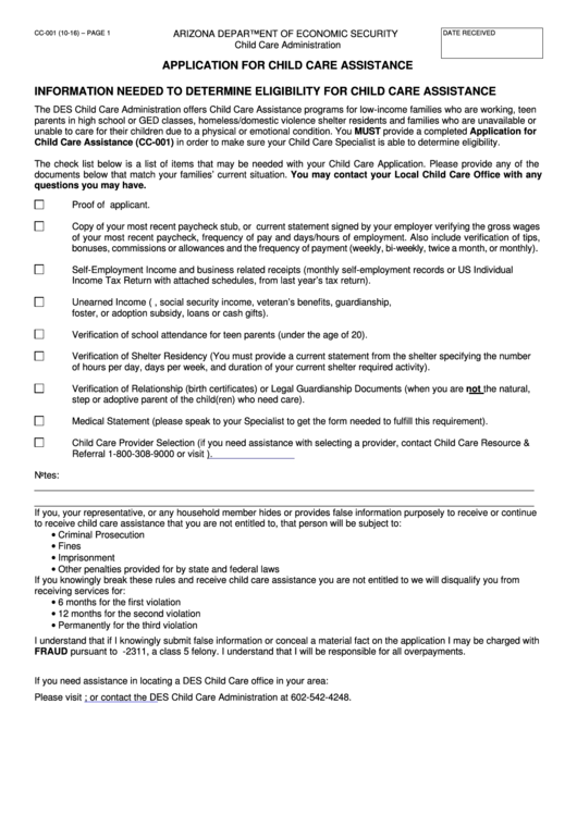 Form Cc-001 - Application For Child Care Assistance - Arizona Department Of Economic Security Printable pdf