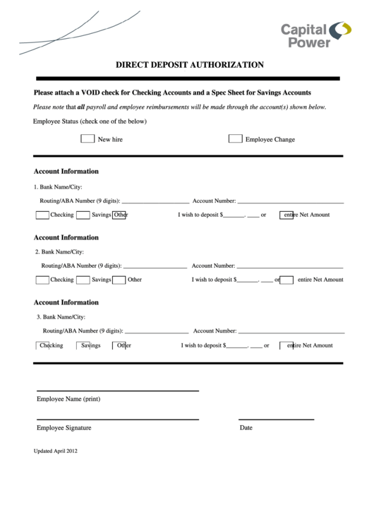 Direct Deposit Authorization Printable pdf