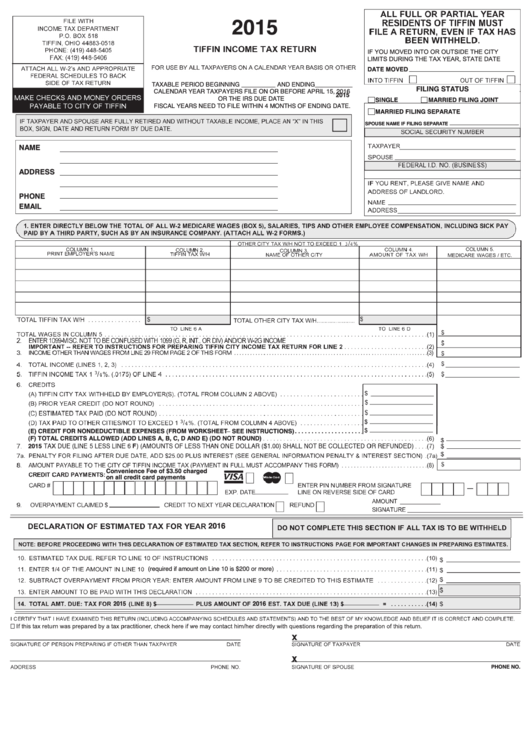 Tiffin Income Tax Return Form - 2015 Printable pdf