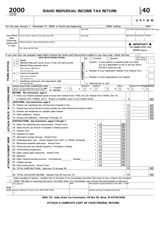 Form 40 - Idaho Individual Income Tax Return - 2000 Printable pdf