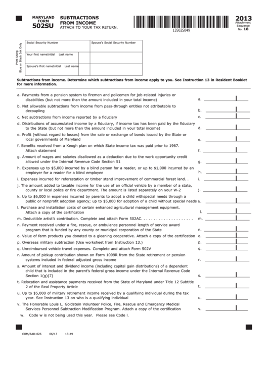Fillable Maryland Form 502su - Subtractions From Income - 2013 Printable pdf