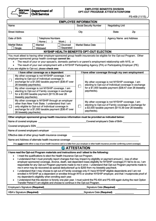 Fillable Form Ps-409 - Opt-Out Program Attestation - Department Of Civil Services Printable pdf