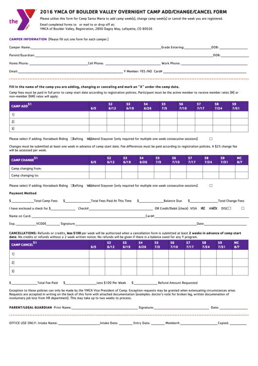 Fillable Ymca Of Boulder Valley Overnight Camp Add/change/cancel Form - 2016 Printable pdf