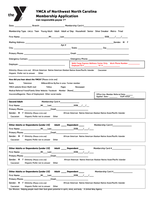 Membership Application - Ymca Of Northwest North Carolina Printable pdf