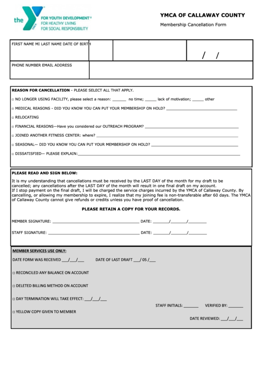 Membership Cancellation Form Ymca Of Callaway County Printable Pdf 
