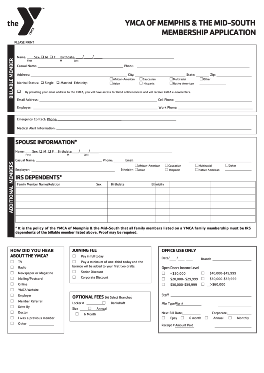 Ymca Of Memphis & The Mid-South Membership Application Printable pdf