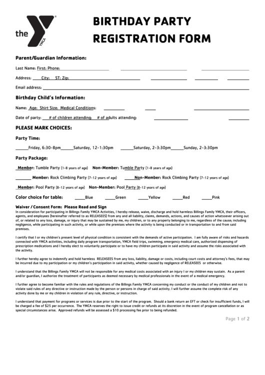 Fillable Birthday Party Registration Form - Ymca Printable pdf